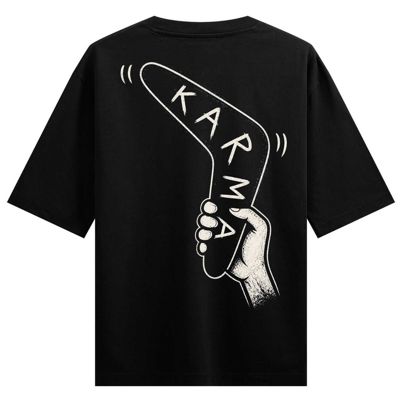 A white outline of a hand holding a boomerang with the word KARMA in white text on a black t-shirt on PRDGY oversized t-shirt