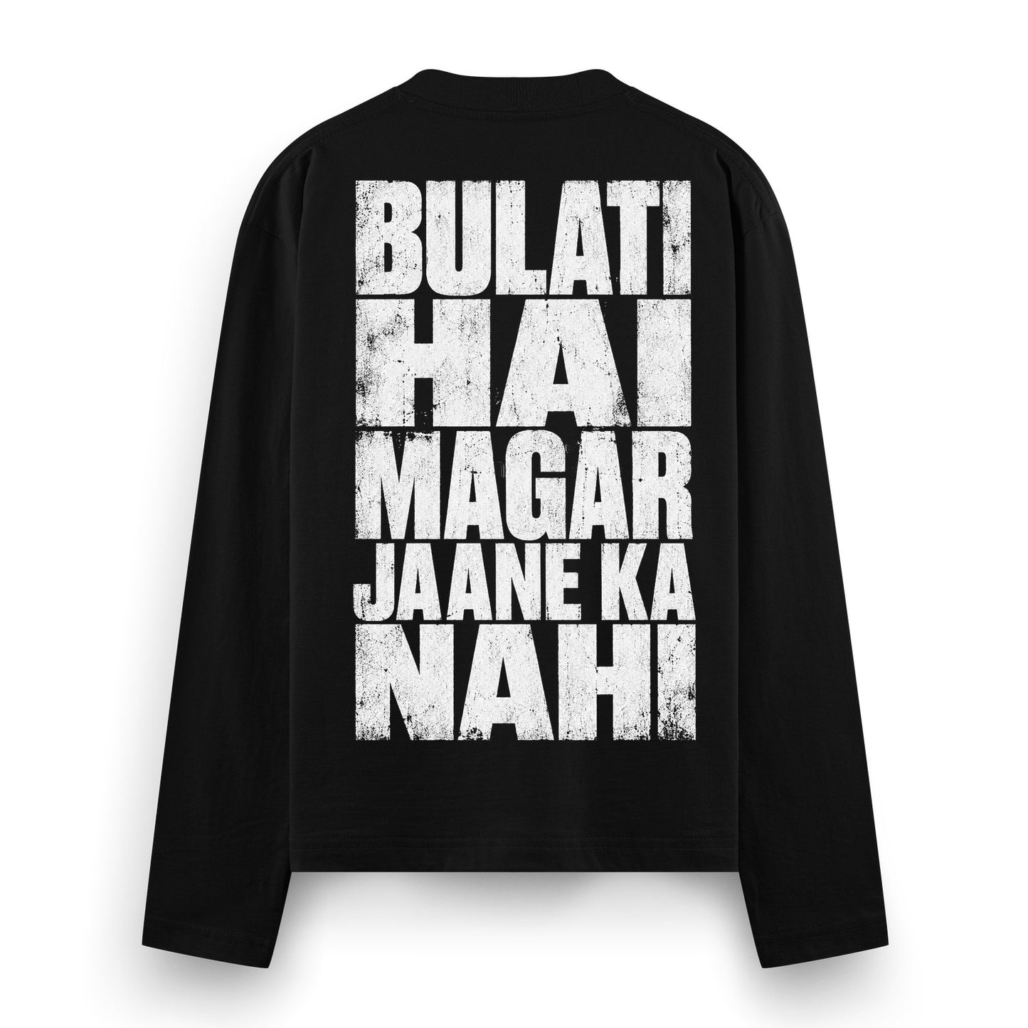 Bulati Hai Oversized T-Shirt by PRDGY — bold white distressed text graphic print on black, humour design