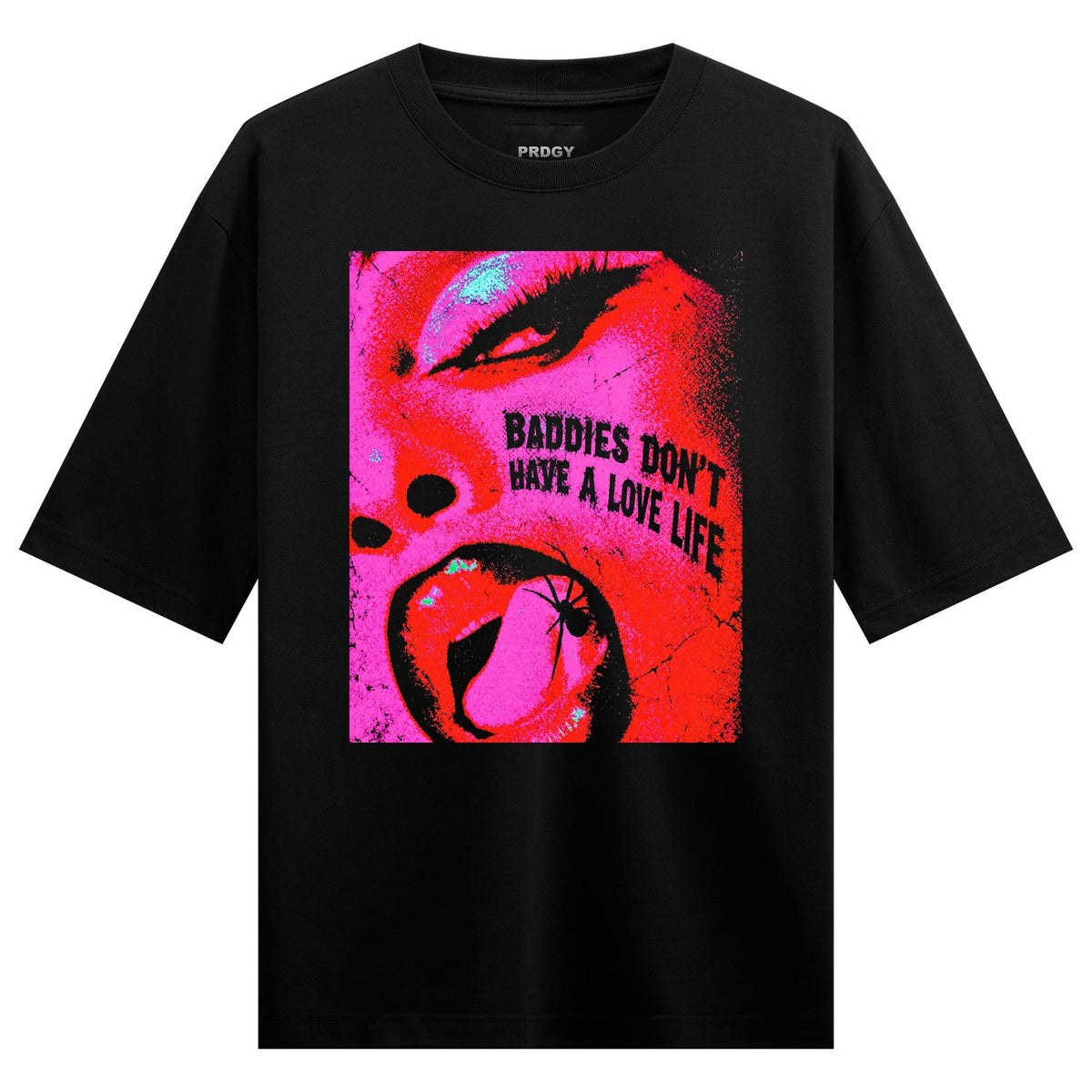 No Love Policy Oversized T-Shirt by PRDGY — vibrant pink and red distorted portrait with a spider on its tongue, streetwear