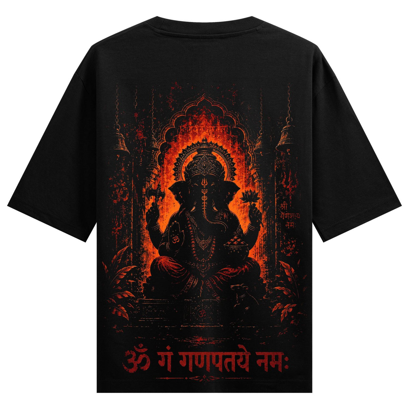 A detailed illustration of Lord Ganesha in black and fiery orange tones surrounded by ornate designs on PRDGY oversized fu...