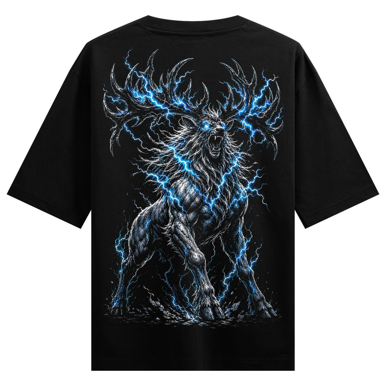 A detailed illustration of a muscular stag with glowing blue eyes and large branching antlers crackling with blue lightnin...
