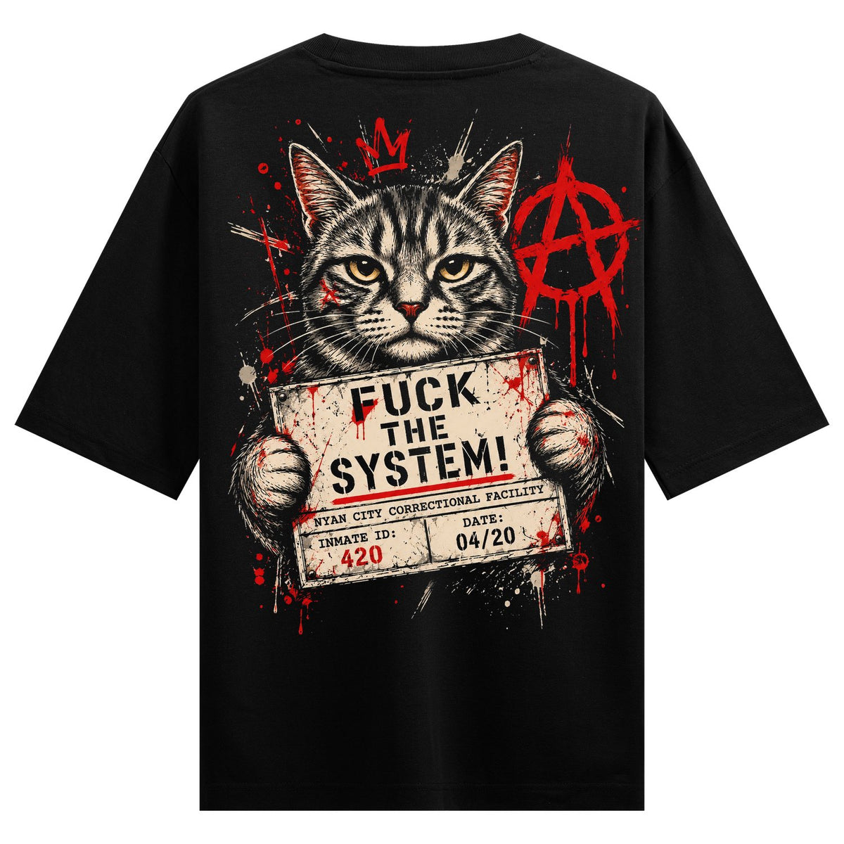 A cat with a serious expression holds a mugshot sign with bold text and red splatters around it on PRDGY oversized t-shirt