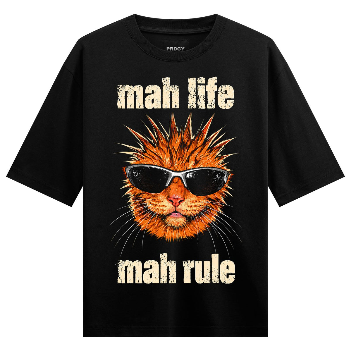 Sunglasses Cat Oversized T-Shirt — Black t-shirt with orange cat face wearing sunglasses, flanked by distressed cream text