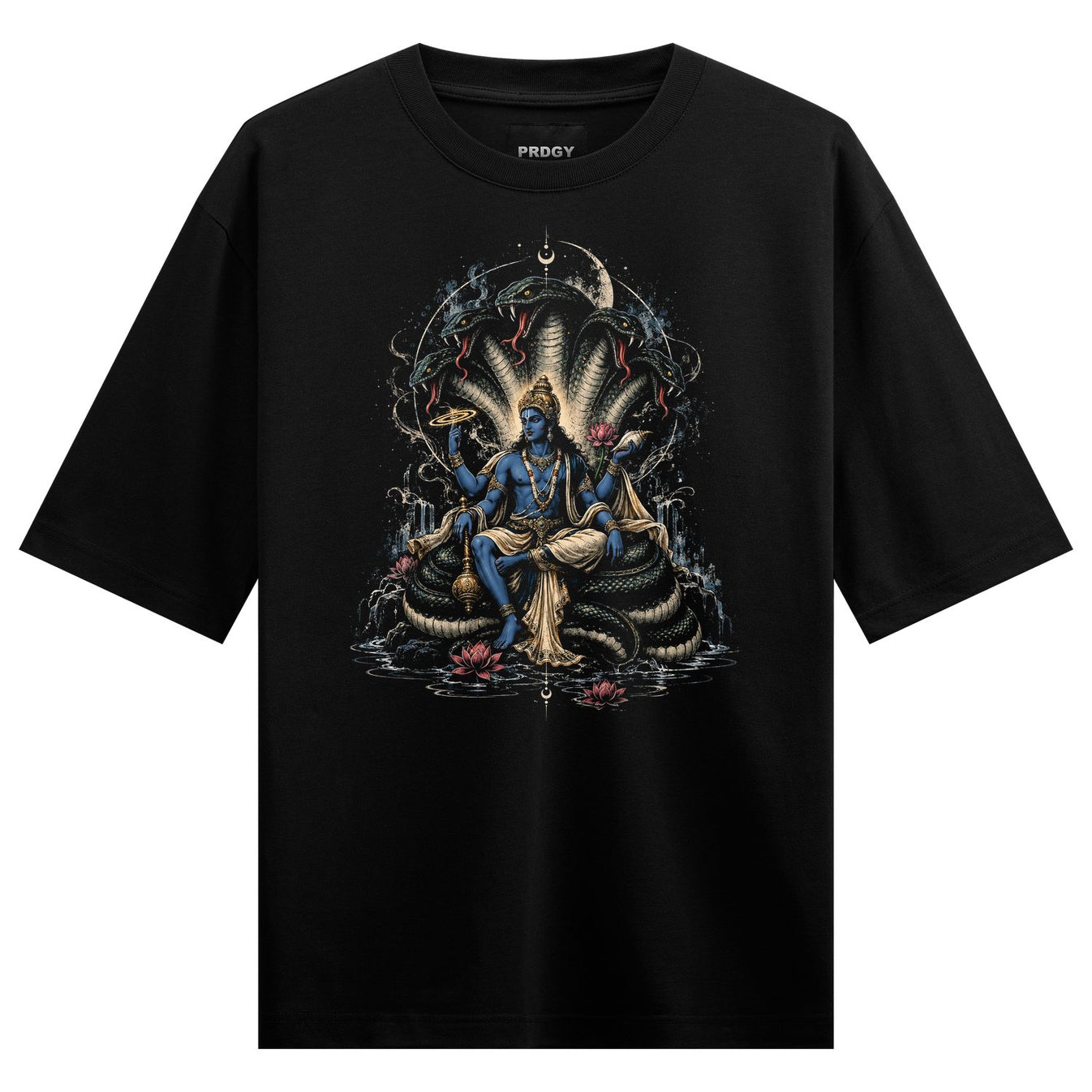 A blue deity with multiple arms sits on a coiled serpent under a moon crescent surrounded by lotus flowers and dark cosmic...