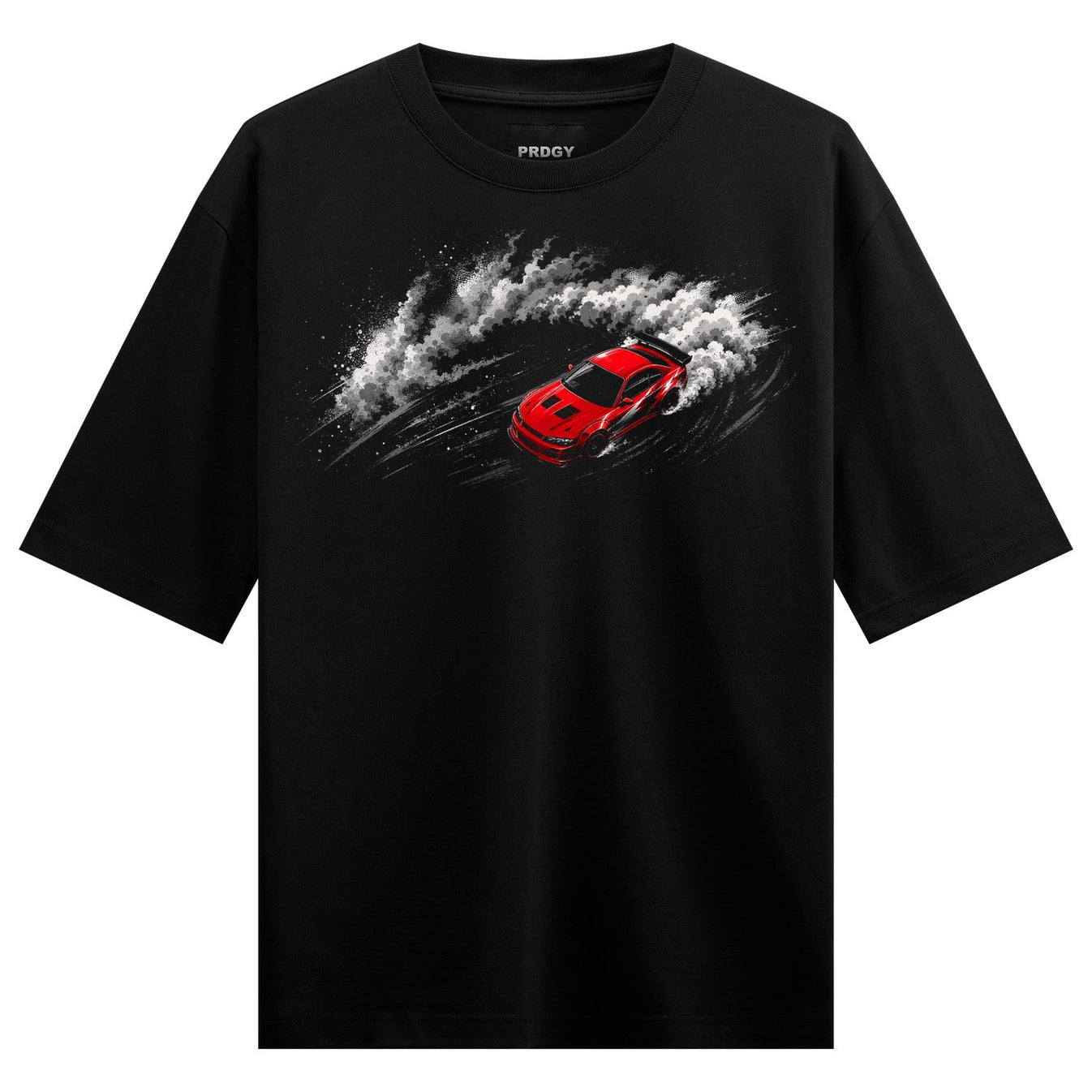 A red sports car is depicted mid-drift creating a large swirling cloud of white smoke and tire marks on a dark background...