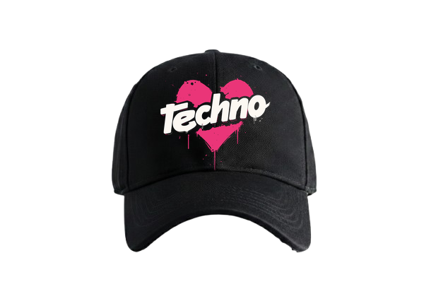 Techno Love Cap by PRDGY — bold pink heart with graffiti style Techno text, urban design