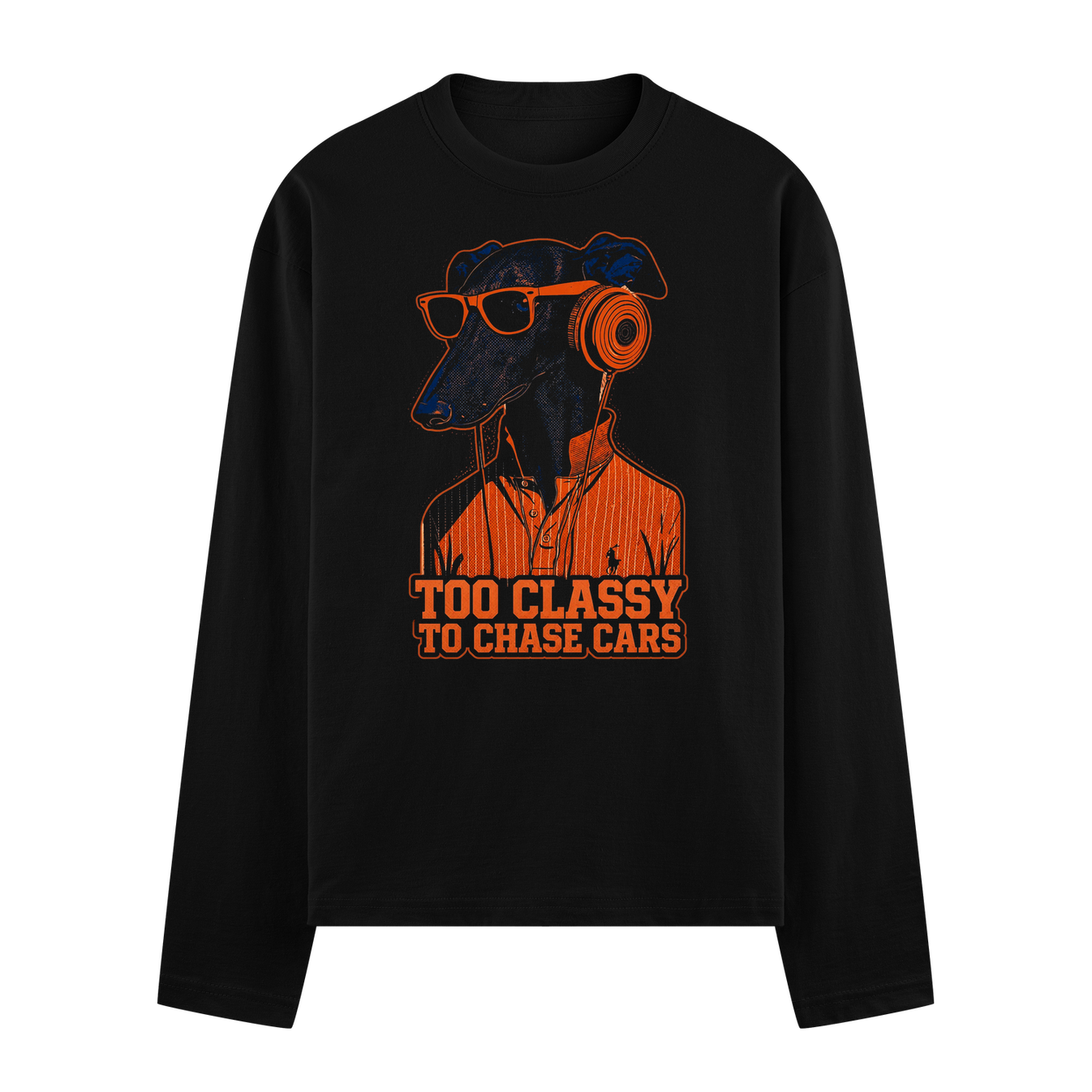 A black dog wearing orange sunglasses and headphones dressed in an orange collared shirt with text below on PRDGY oversize...