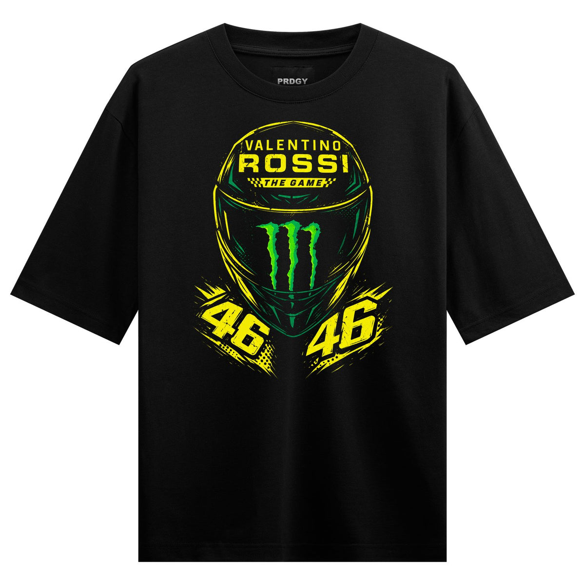 Rossi Game Oversized T-Shirt — Black T-shirt with yellow outlined motorcycle helmet featuring green Monster logo