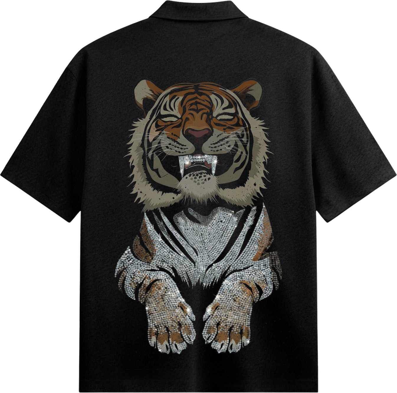 A black half shirt features a detailed tiger face with closed eyes open mouth showing fangs and paws all adorned with spar...