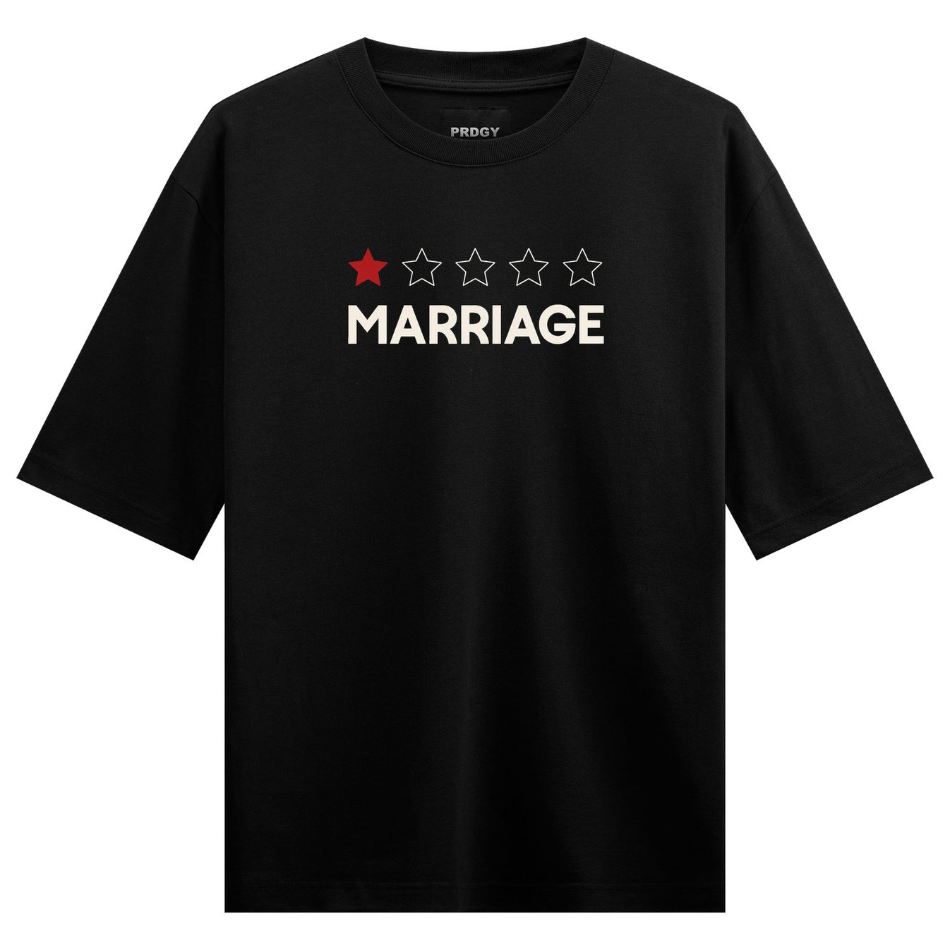 Marriage Stars T-Shirt by PRDGY — bold text with a star rating critiquing marriage, humour design