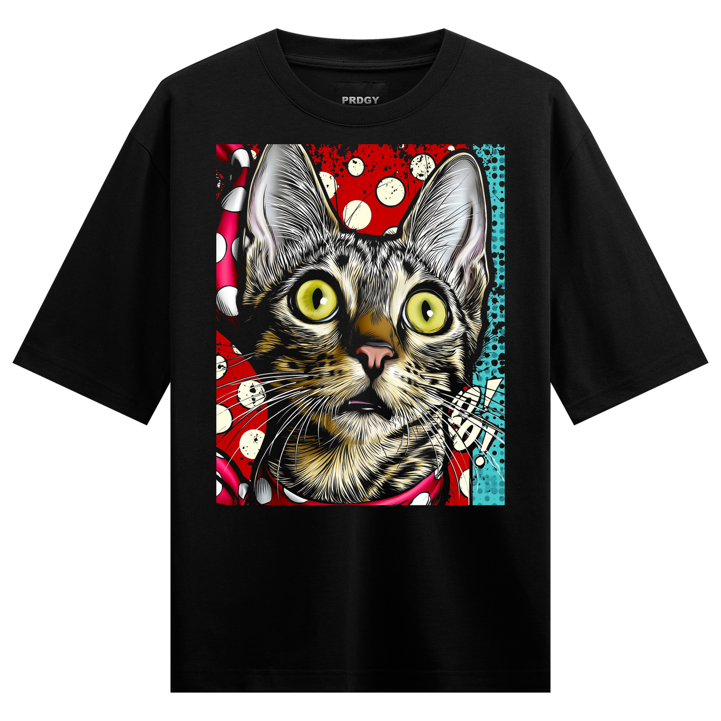 Overloaded T-Shirt by PRDGY — vibrant pop art comic of a cat, pop art design
