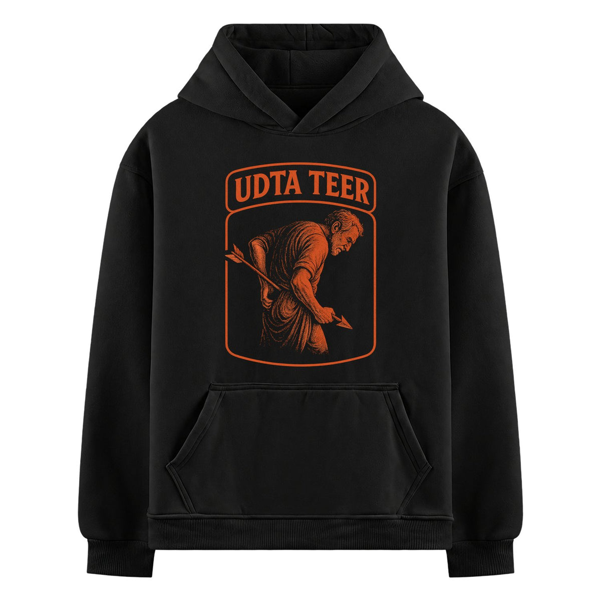 Aadat Se Majboor Oversized Hoodie — a vintage-style illustration of a man with an arrow through his back, set within an orange oval