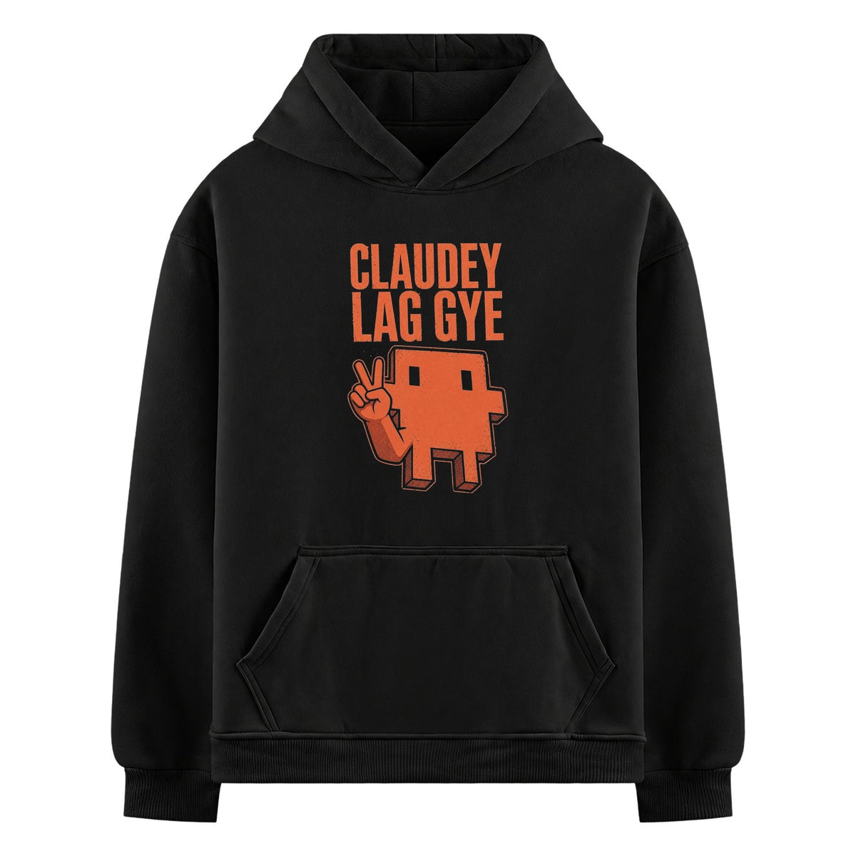 Pixel Peace Oversized Hoodie — a black hoodie features orange pixelated text 'CLAUDEY LAG GYE' above a pixelated orange