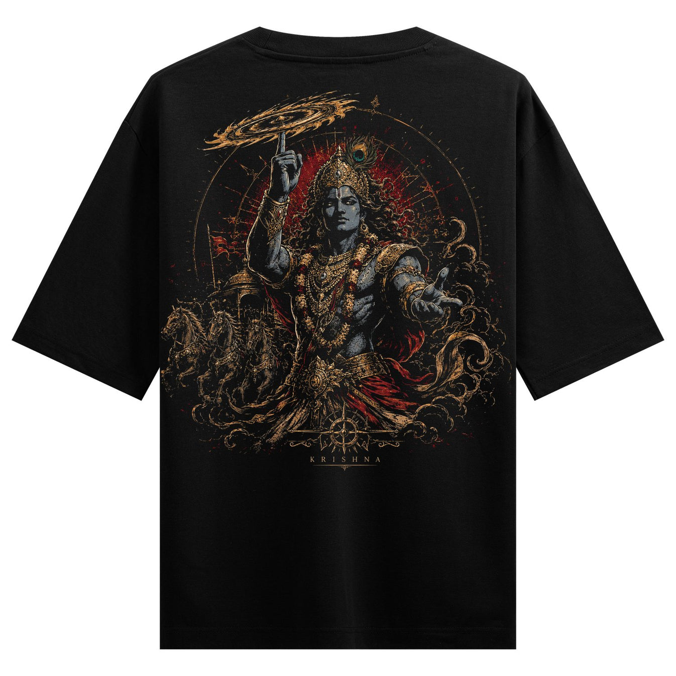 A dark t-shirt back print features Lord Krishna with blue skin golden armor holding a glowing chakram above his head surro...