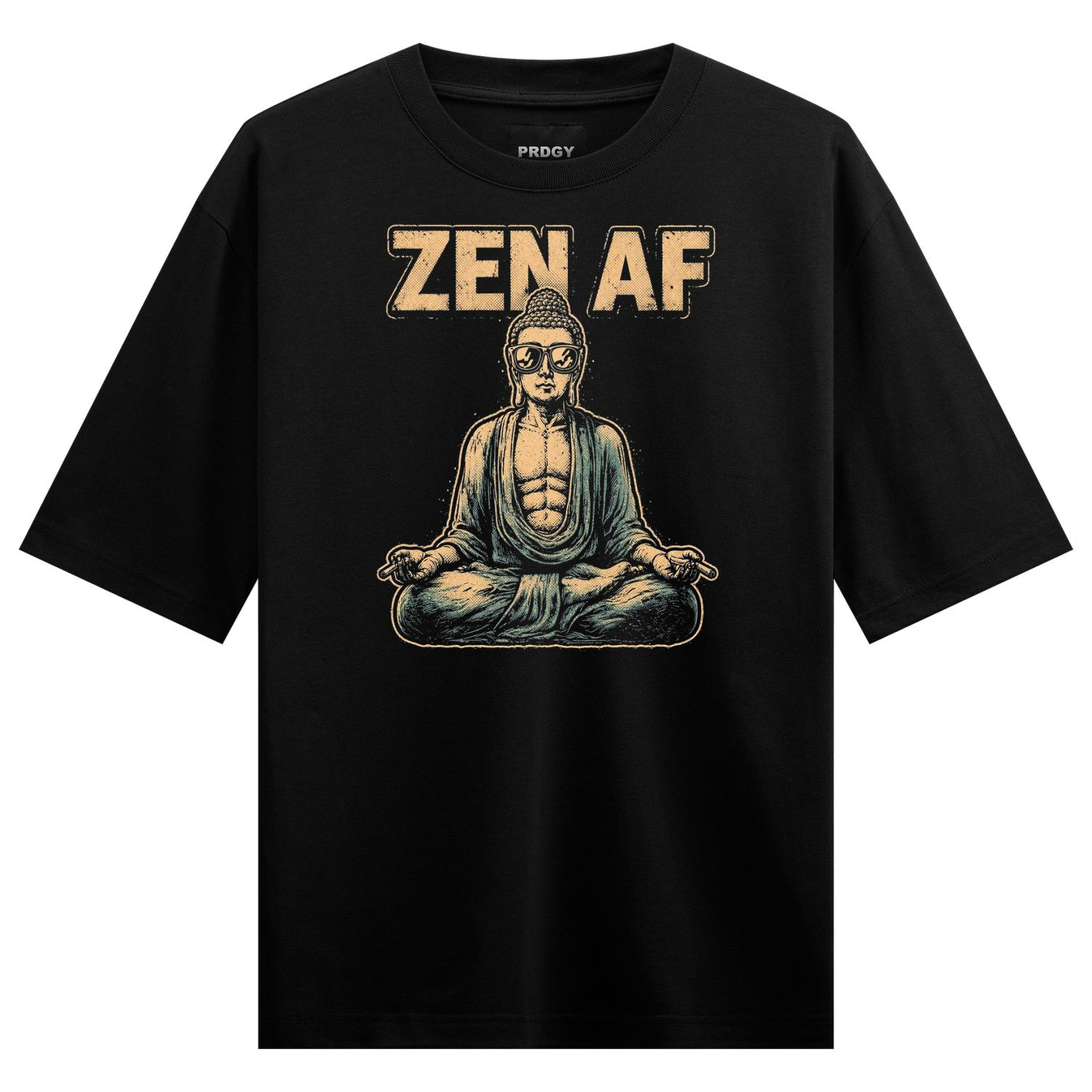 A muscular Buddha wearing sunglasses sits in a lotus position with teal robes and gold text above on PRDGY oversized t-shirt