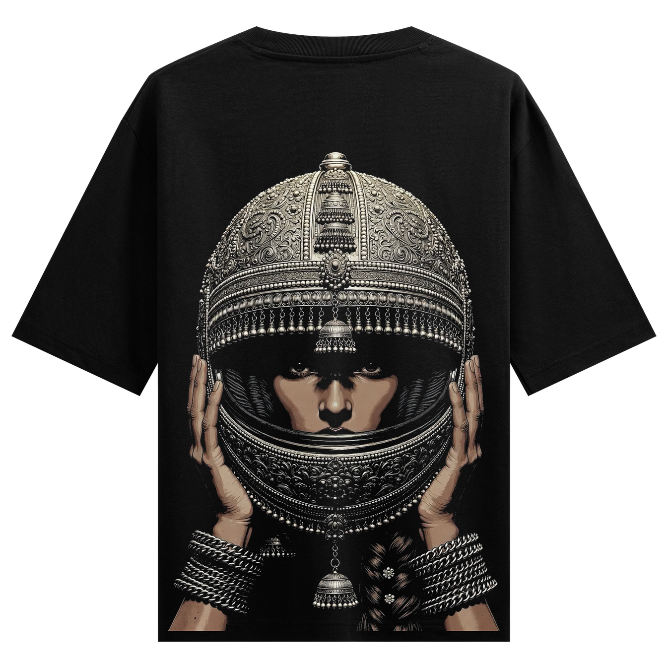 Ornate Oversized T-Shirt by PRDGY — a woman in an ornate helmet inspired by Indian jewelry, streetwear design