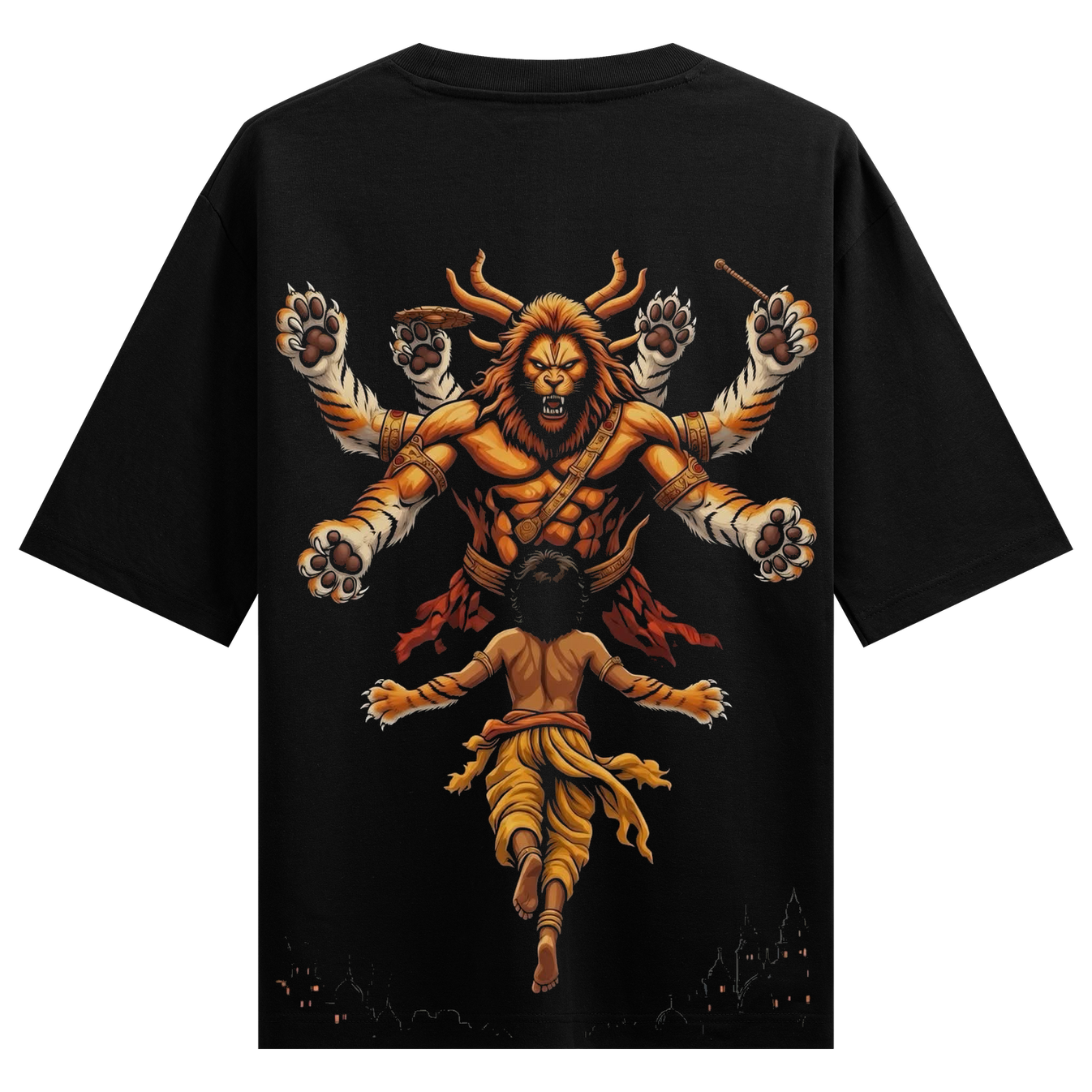 Narsimha x Prahlad Oversized T-Shirt by PRDGY — lion-man figure protecting a young figure, spiritual design