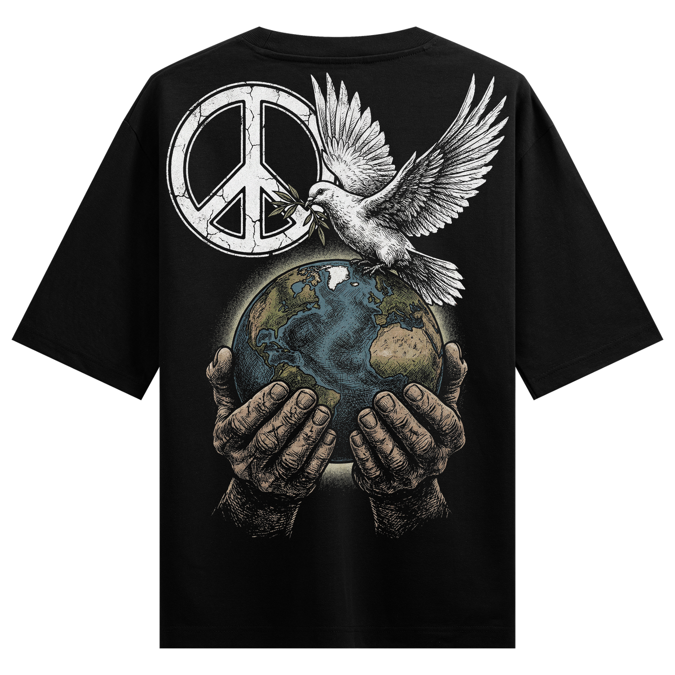 Aman Oversized T-Shirt by PRDGY — design of earth held by hands with a dove and peace sign, peace design
