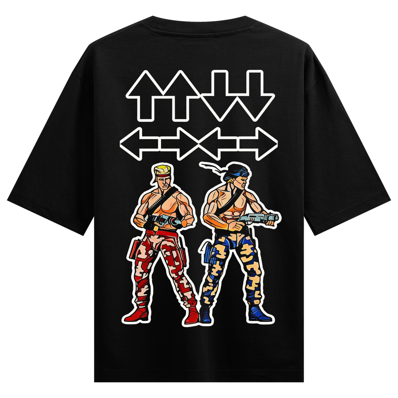 Contra Pro Gamer Oversized T-Shirt by PRDGY — features iconic characters and the famous Konami code, retro gaming design.
