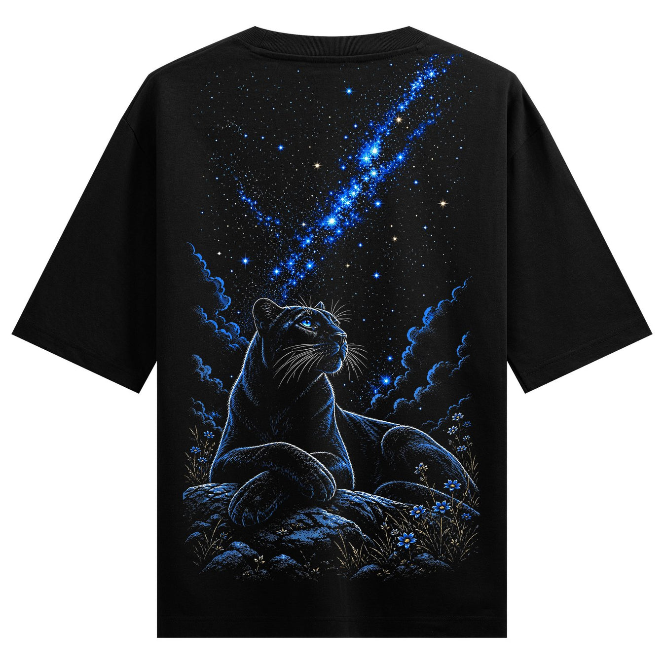A black panther with bright blue eyes lies on rocks under a dark sky filled with a blue nebula and white stars with small...