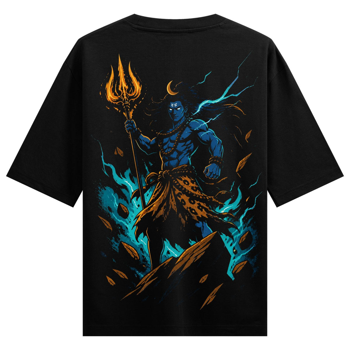 Cosmic Teal Oversized T-Shirt by PRDGY — powerful depiction of Lord Shiva with trident, spiritual design