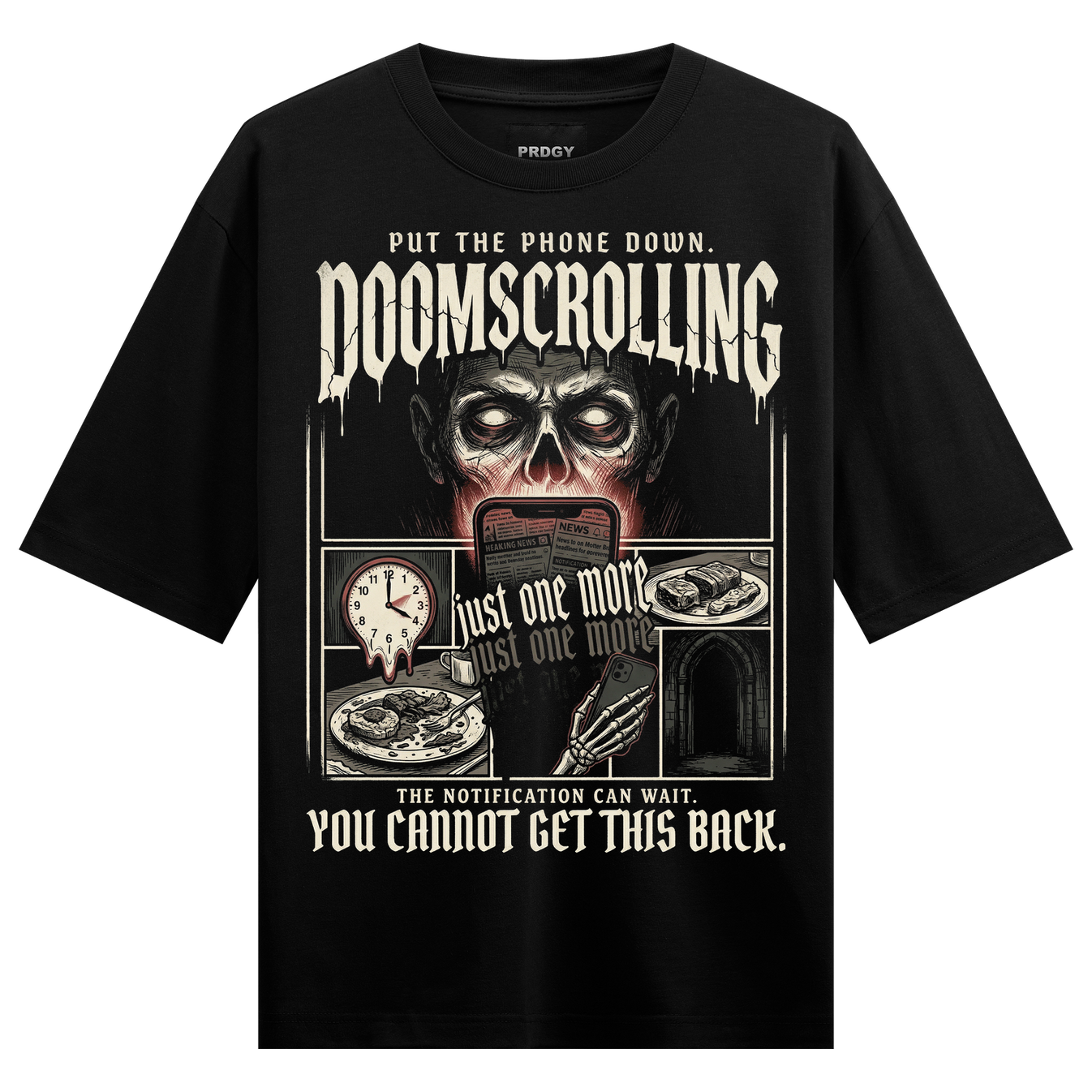 Doomscroll Regret Oversized T-Shirt by PRDGY — skeleton and phone artwork, gothic design