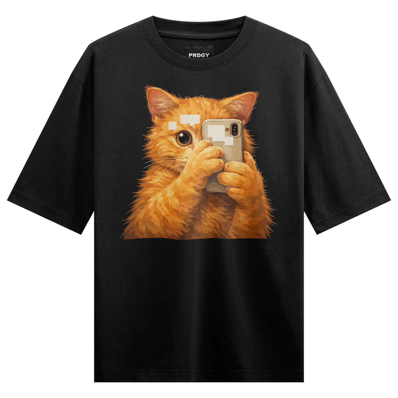 Meow Please Oversized T-Shirt by PRDGY — Hilarious orange cat taking a selfie, funny design