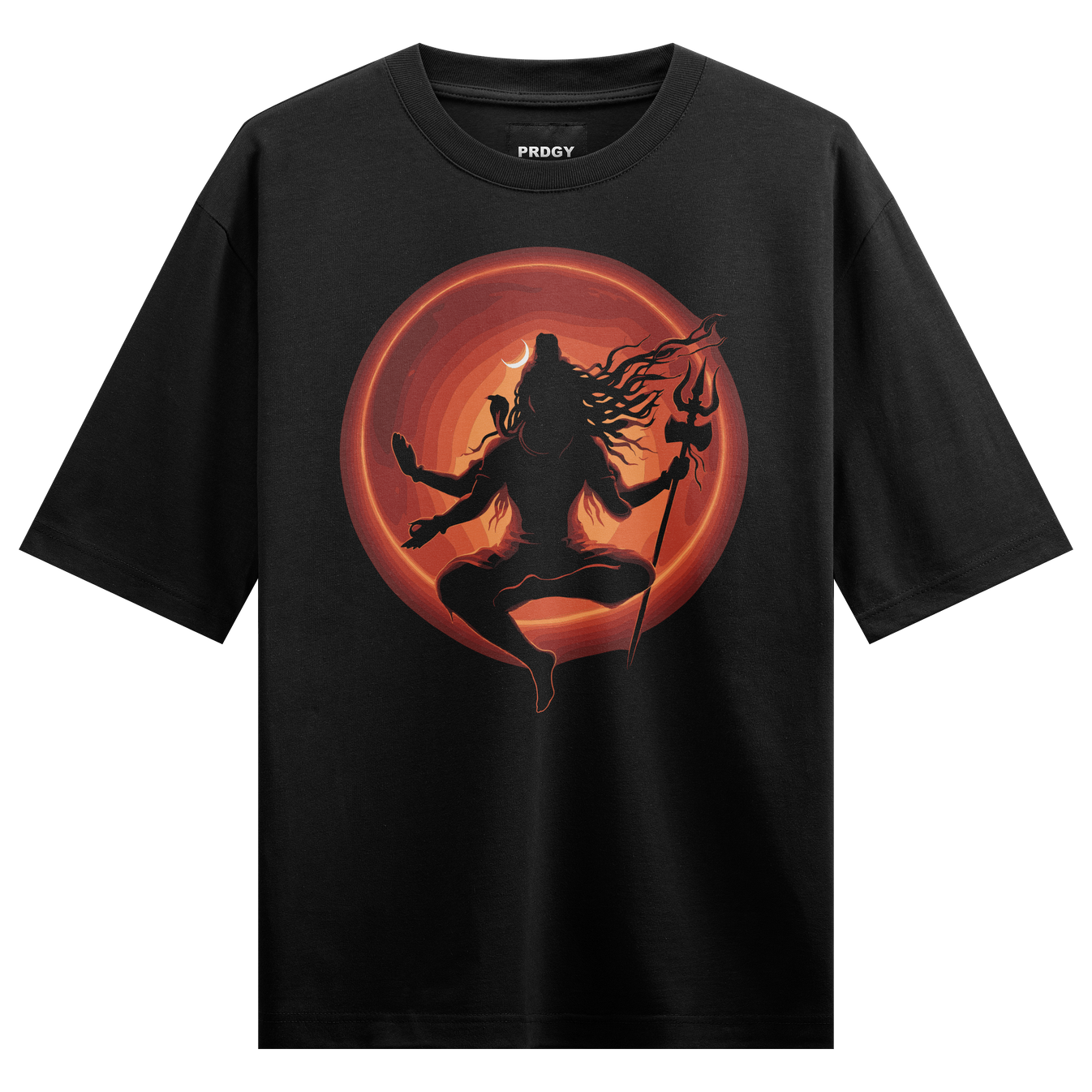Punya Paap Oversized T-Shirt by PRDGY — Mystical Shiva silhouette with a glowing red moon backdrop, spiritual design.
