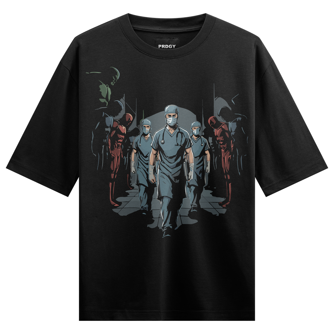Heroes Assemble Oversized T-Shirt by PRDGY — design featuring superheroes representing healthcare workers, streetwear design.