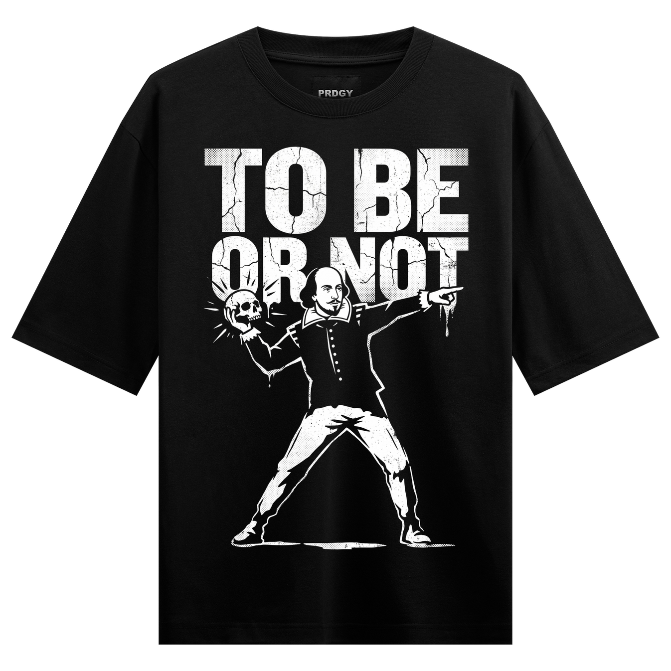 Hamlet Throwdown Oversized T-Shirt by PRDGY — edgy skull design inspired by Shakespeare's Hamlet, streetwear design.