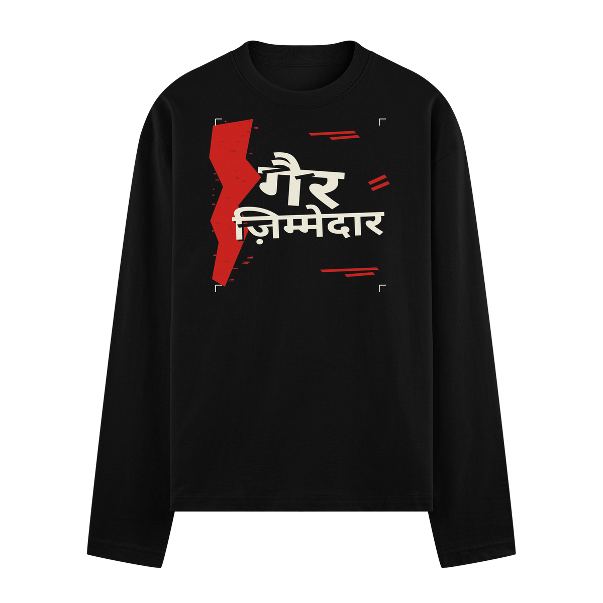 A black full sleeve t-shirt features a red lightning bolt graphic on the left and white Hindi text on the right accented w...