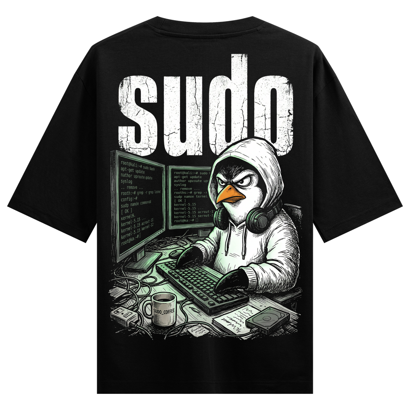 Kali Coder Oversized T-Shirt by PRDGY — cool penguin hacker coding with intensity, streetwear design