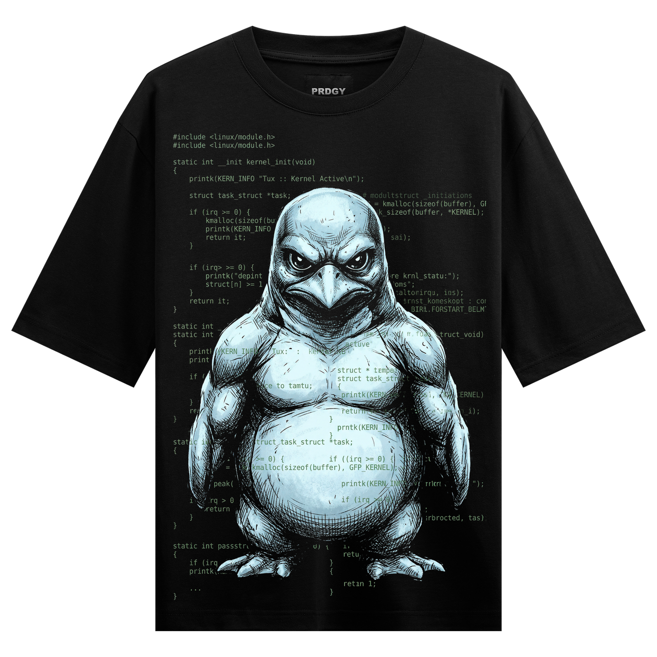 Kernel Penguin Oversized T-Shirt by PRDGY — cool penguin design overlaid on Linux kernel code, tech design