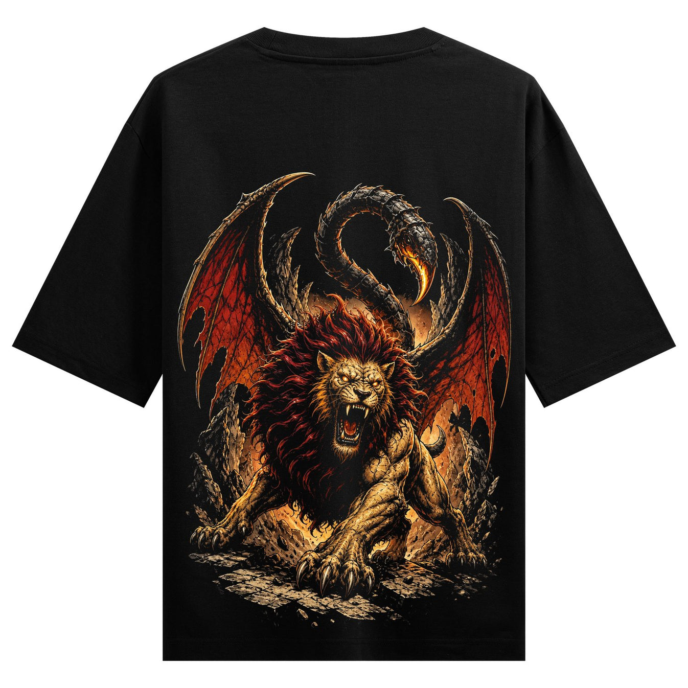 A roaring lion with large red bat-like wings and a coiled dragon tail is depicted on a black t-shirt surrounded by rocky t...