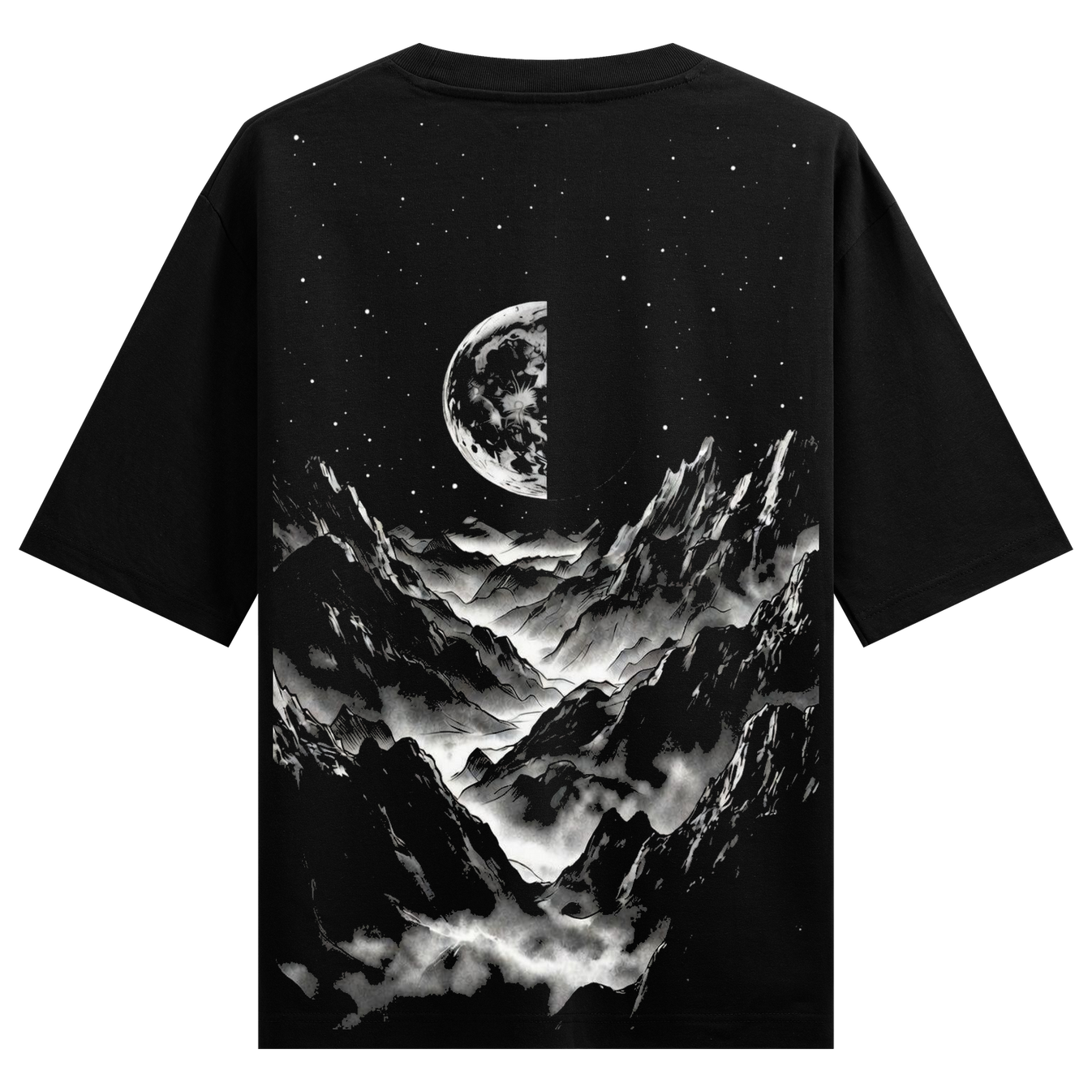 Lunar Ascent Oversized T-Shirt by PRDGY — majestic mountains under a half-moon, spiritual design