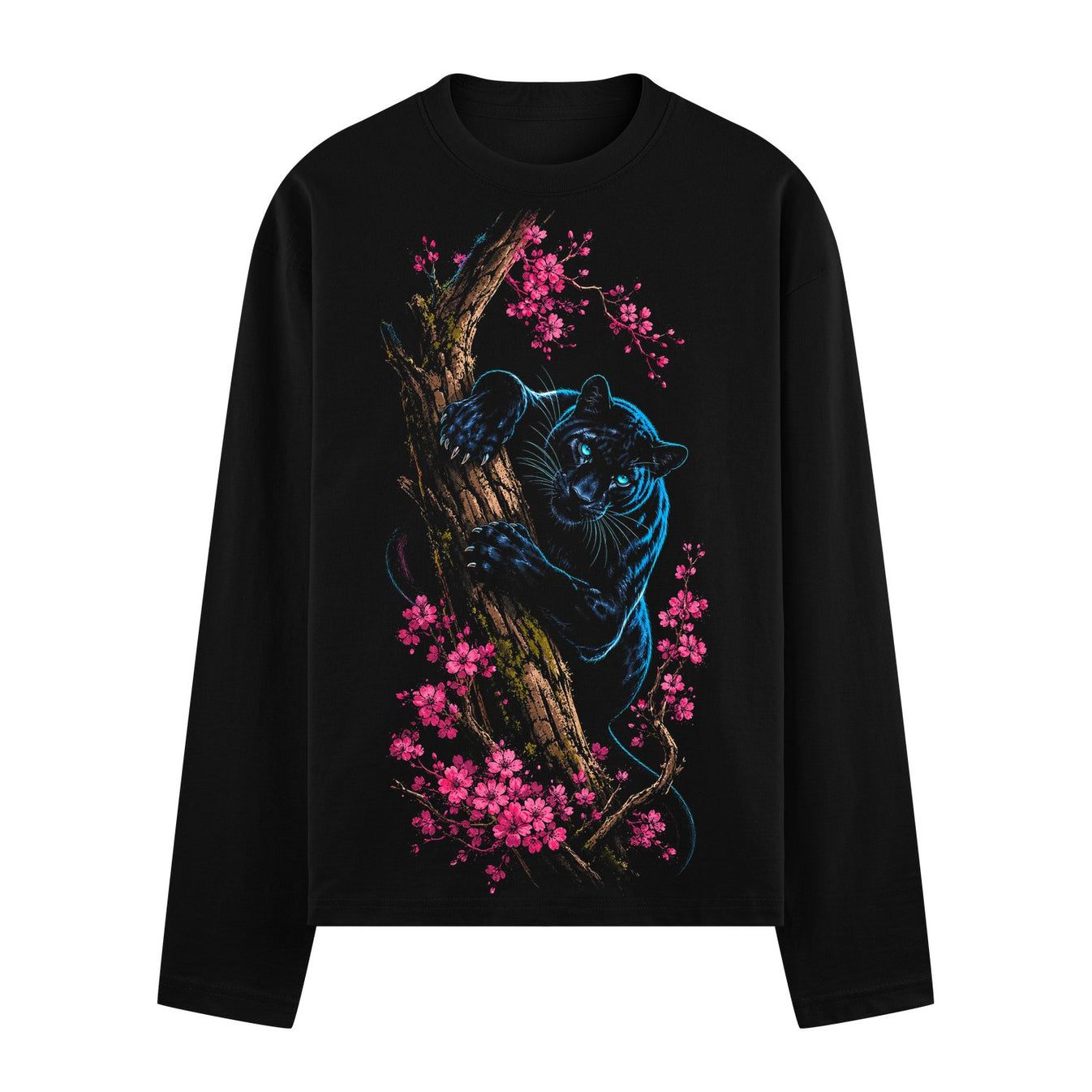 A black panther with glowing blue eyes climbs a textured tree branch covered in bright pink cherry blossoms against a dark...