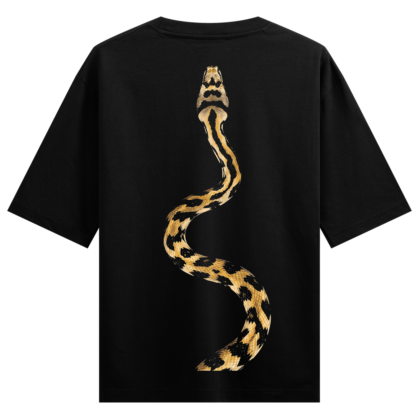 Golden Serpent Oversized T-Shirt by PRDGY — vertical golden snake illustration on black backdrop, animal design