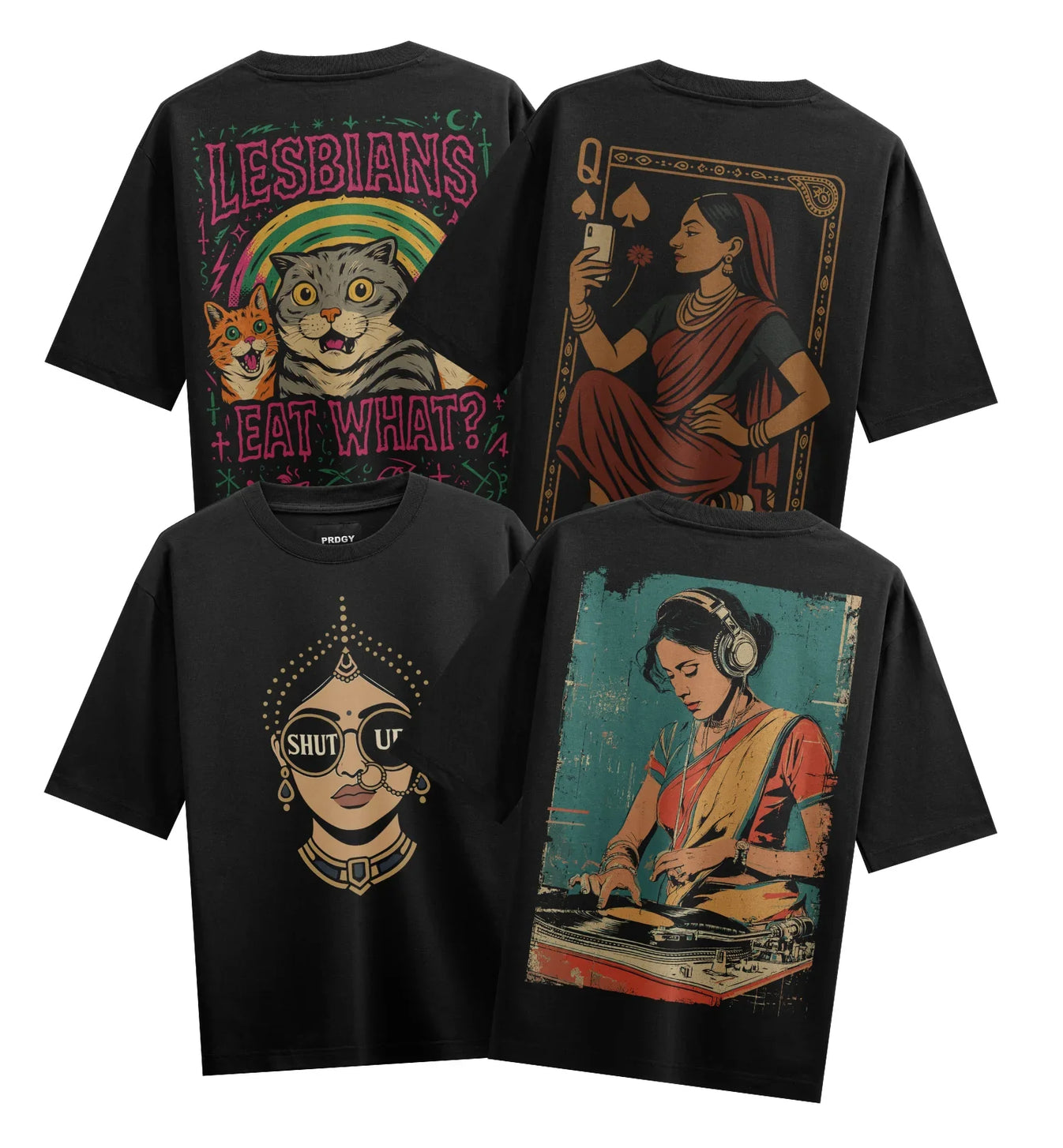 LESBIANS EAT WHAT? Q SHUT UP artwork on PRDGY oversized t-shirt