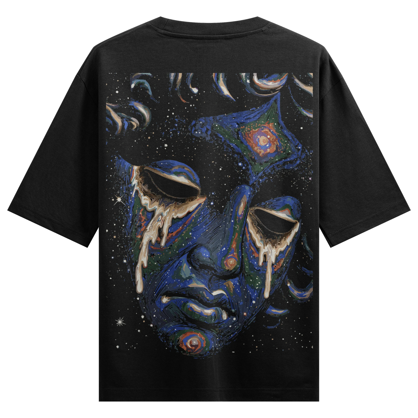 Cosmic Face artwork on PRDGY oversized t-shirt