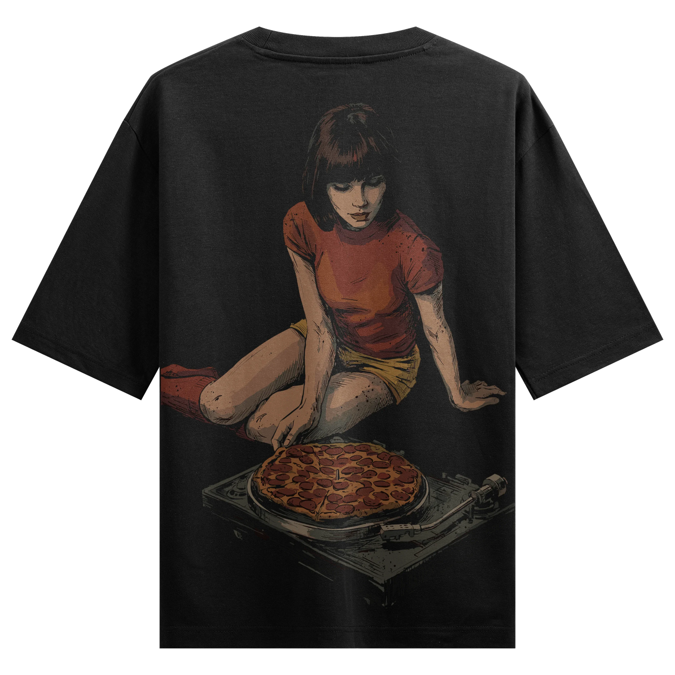 Girl With Pizza artwork on PRDGY oversized t-shirt