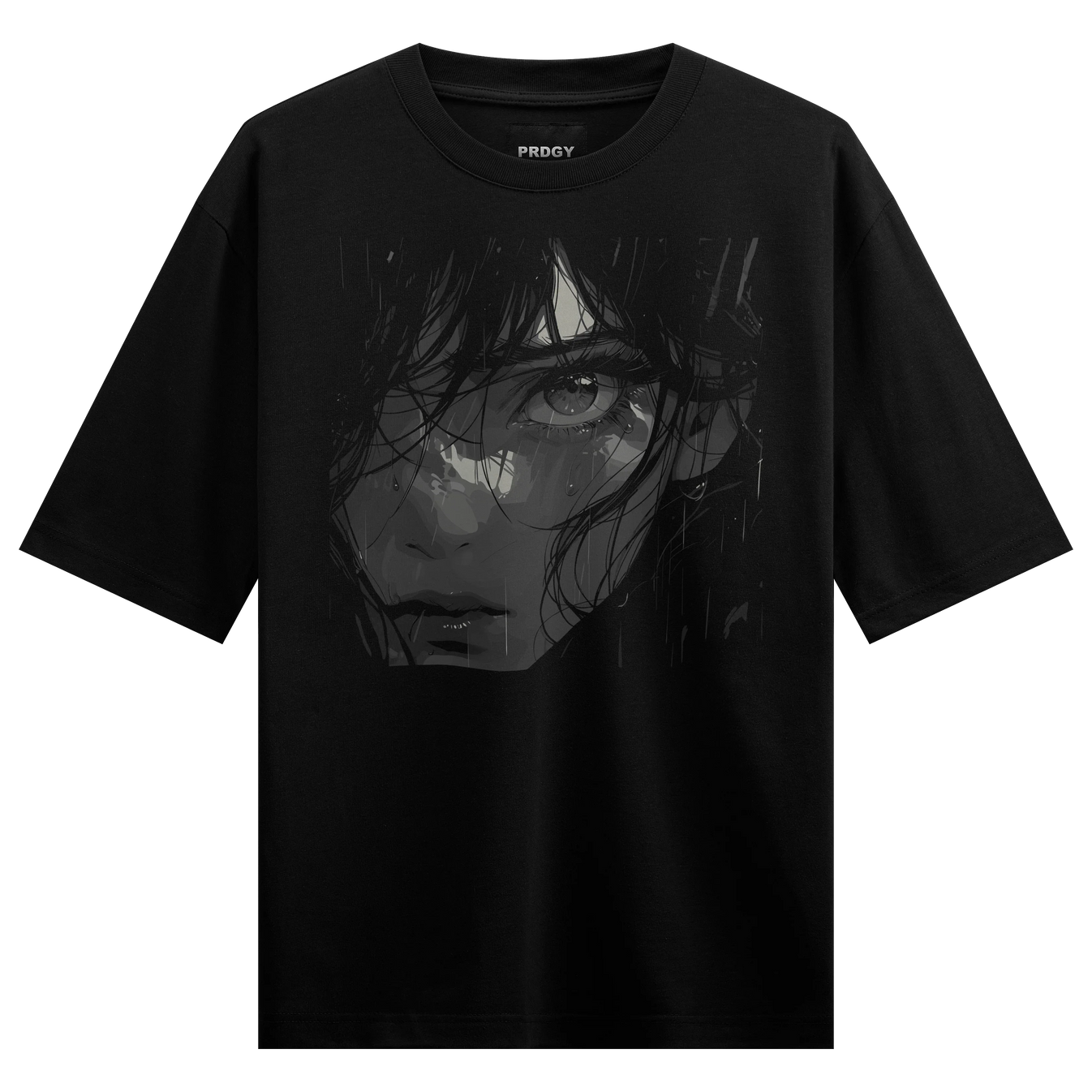 Anime Girl Crying artwork on PRDGY oversized t-shirt