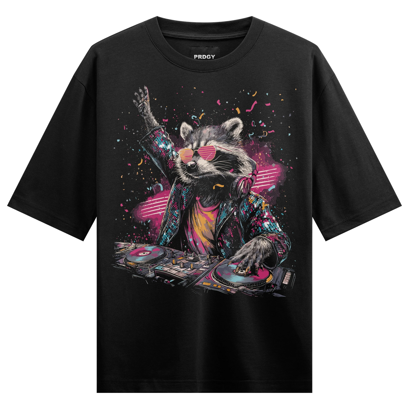 Raccoon DJ artwork on PRDGY oversized t-shirt
