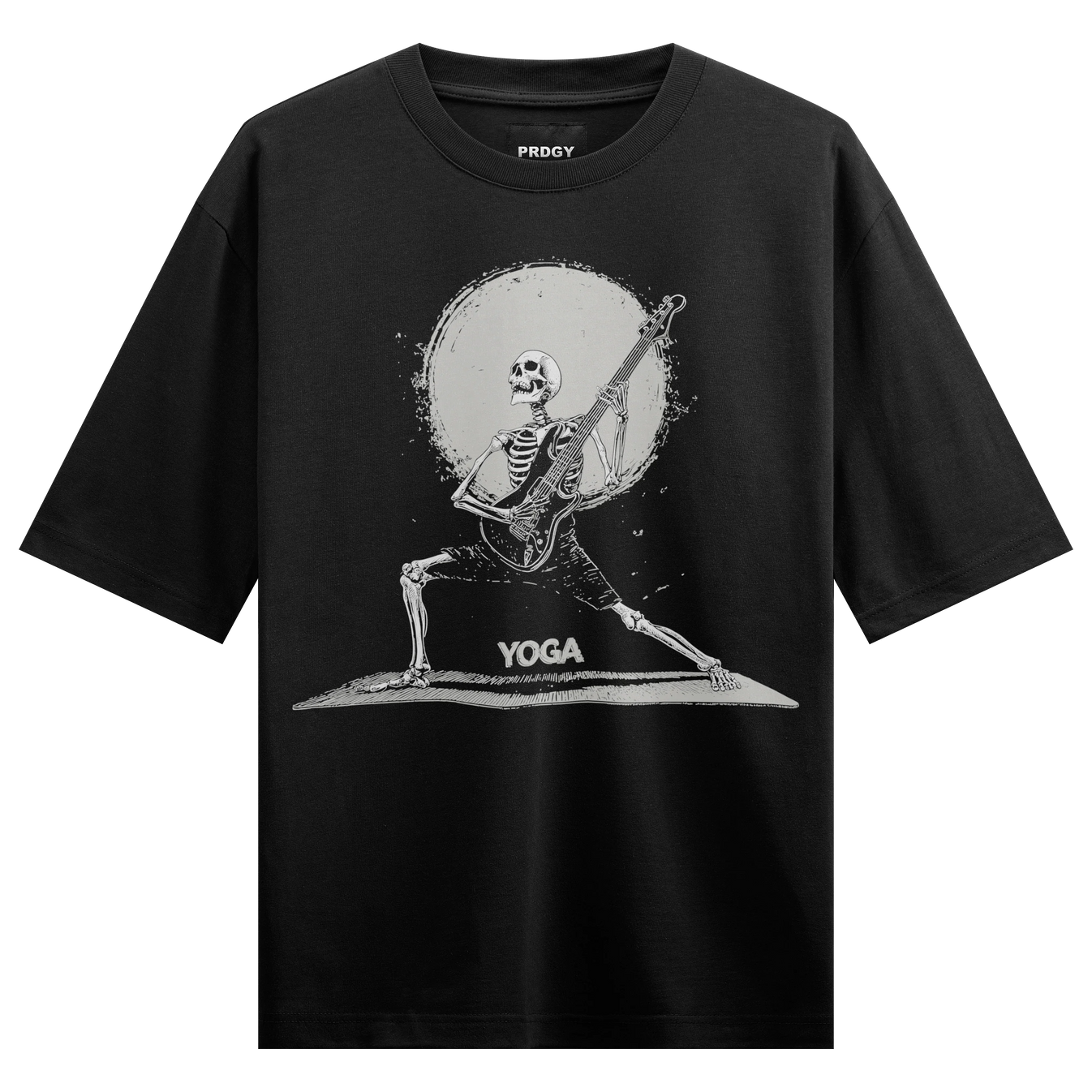 Skeleton Guitarist artwork on PRDGY oversized t-shirt
