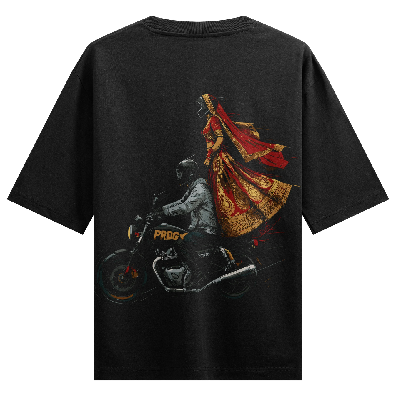 Indian Couple Motorcycle artwork on PRDGY oversized t-shirt