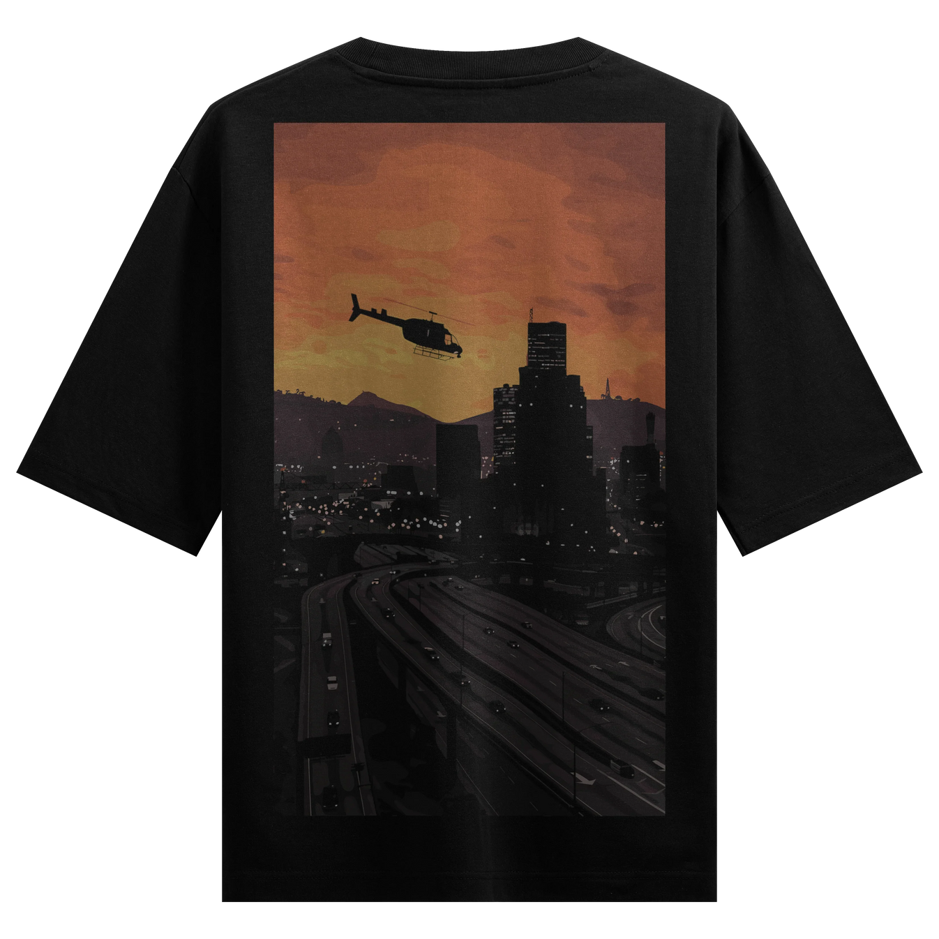 Cityscape artwork on PRDGY oversized t-shirt