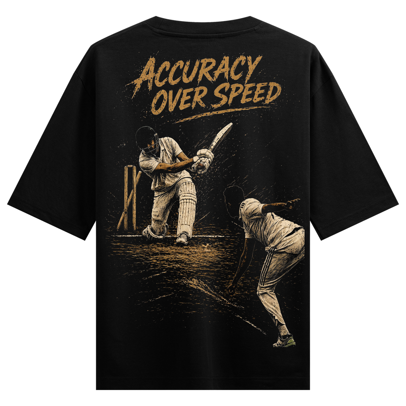 Accuracy Over Speed Oversized T-Shirt by PRDGY — vintage cricket illustration of batsman and bowler, sports design