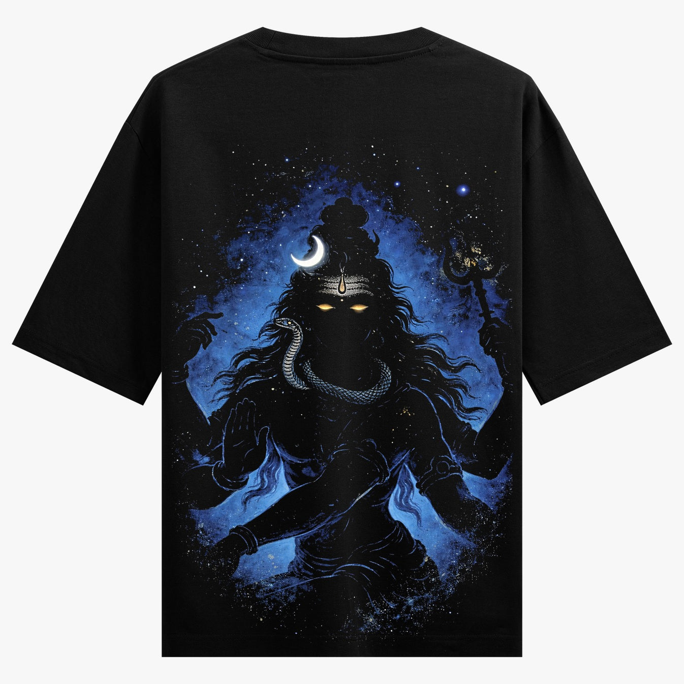 Cosmic Aghori Oversized T-Shirt by PRDGY — Lord Shiva graphic with celestial blue background and glowing eyes, spiritual