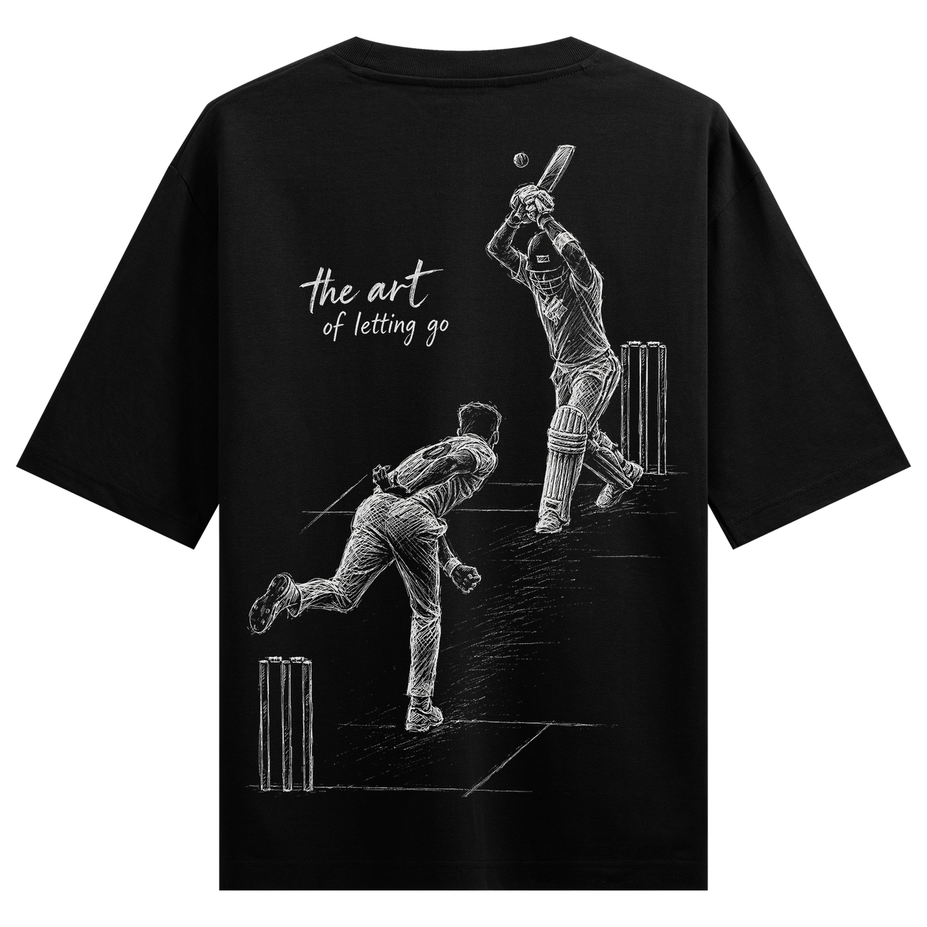 Art of Letting Go T-Shirt by PRDGY — cricket-themed illustration of a bowler and batsman, motivational design.