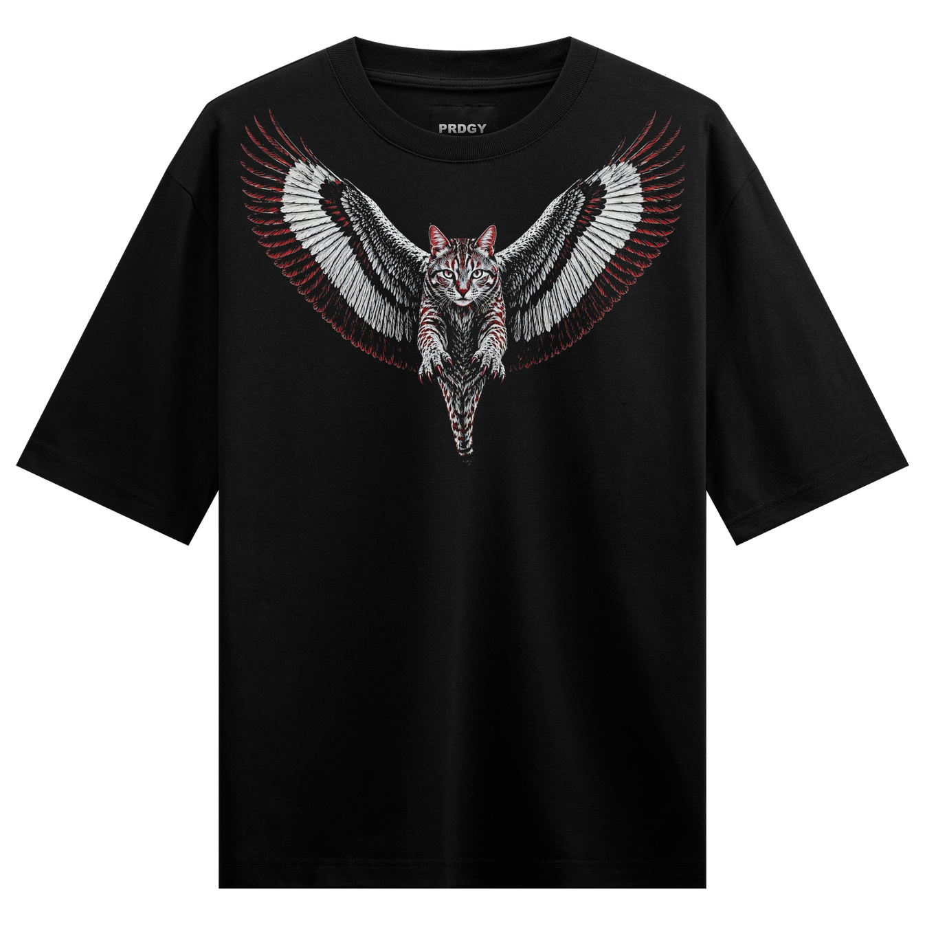 Billi with wings Oversized T-Shirt by PRDGY — mystical cat with ornate wings in white, black, and deep red tones, dark