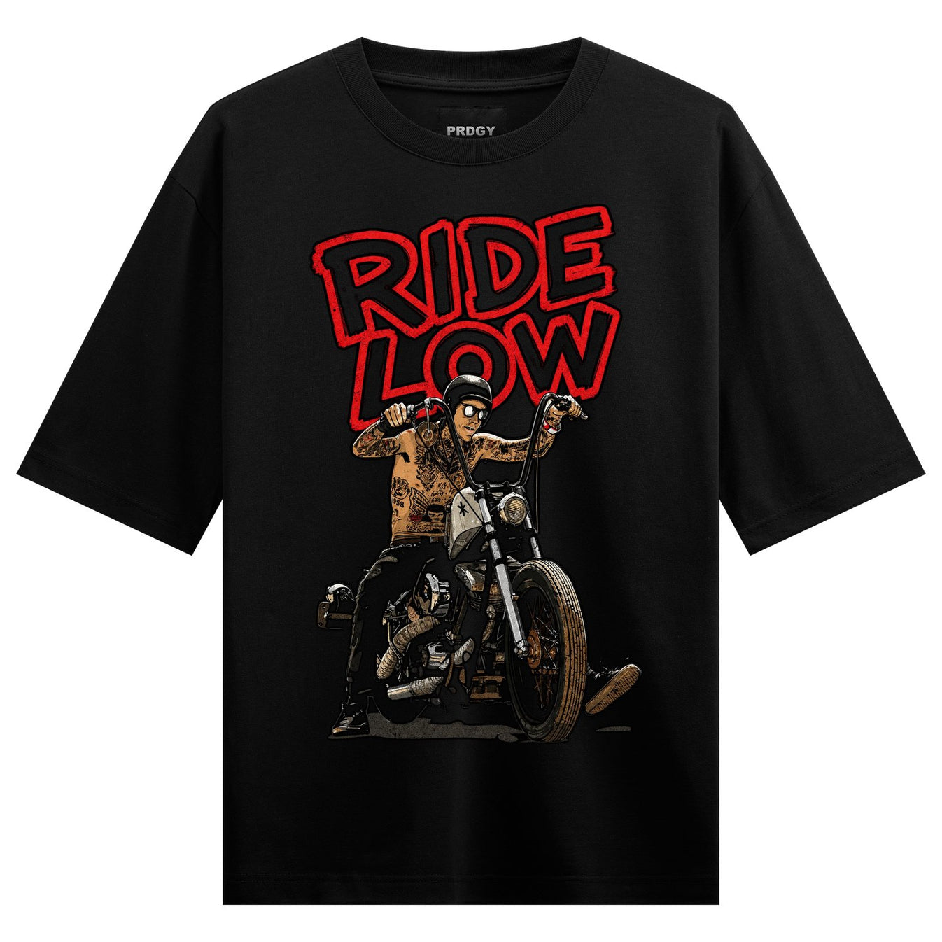 biker t shirt artwork on PRDGY oversized t-shirt